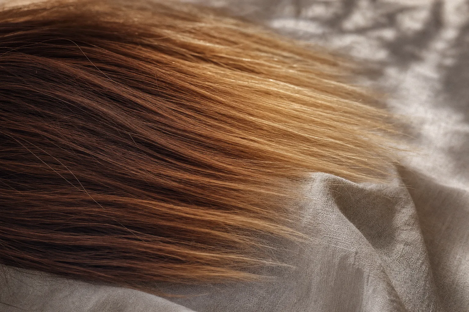 Degradê de mechas de cabelo do escuro ao dourado sobre linho claro