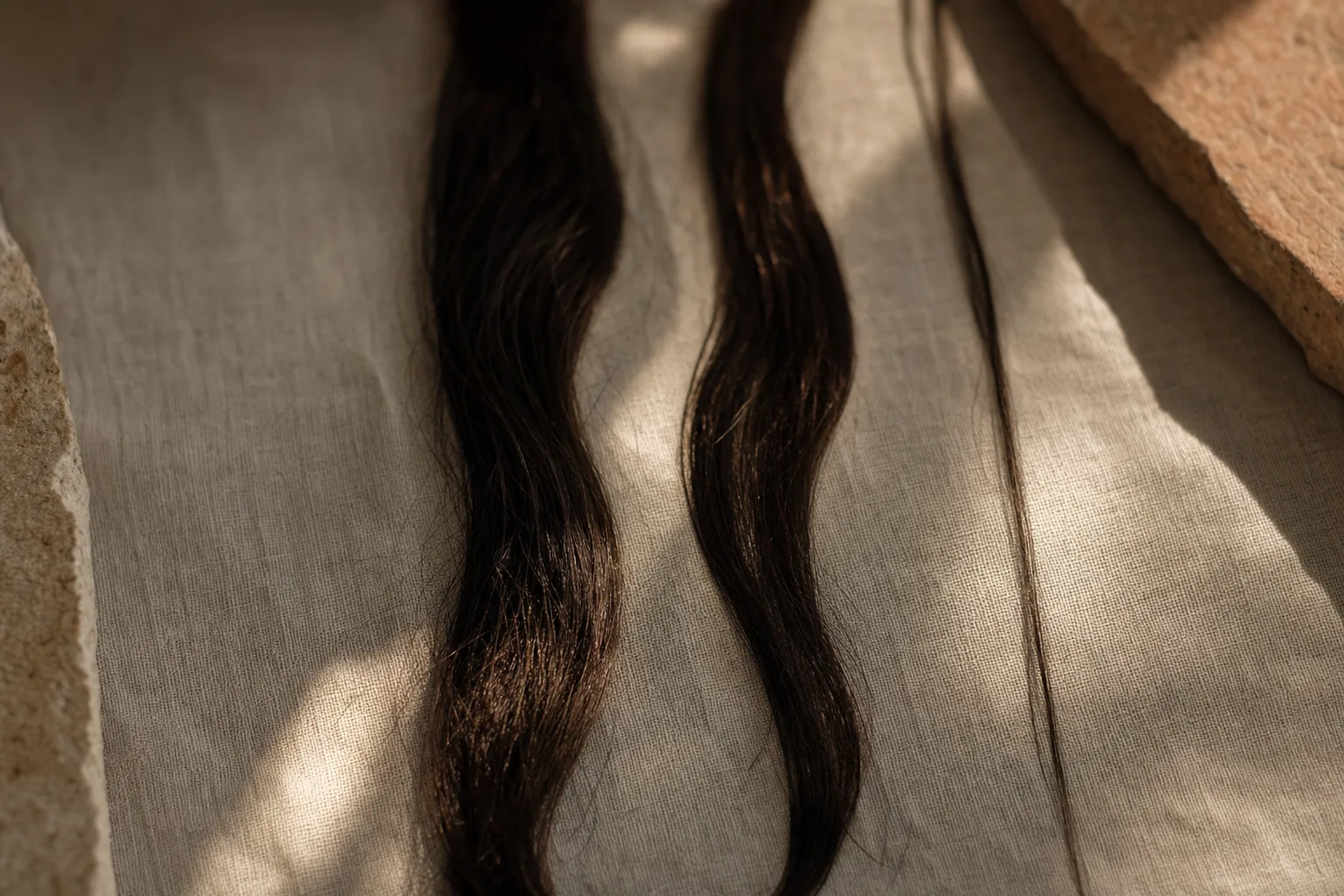 Mechas de cabelo de espessuras diferentes lado a lado sobre linho claro