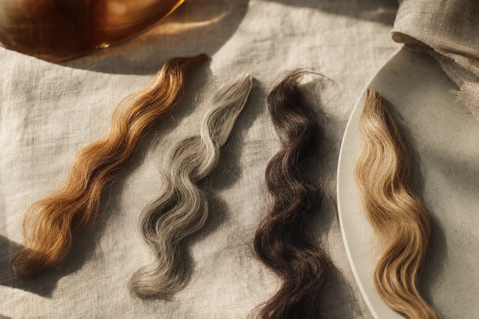 Mechas de tons desiguais lado a lado sobre linho claro